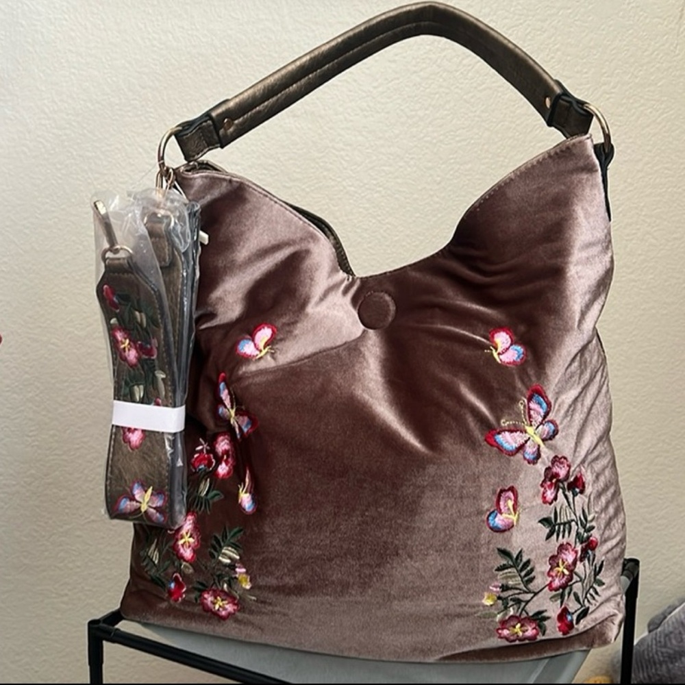 Flower Embroidered Velvet Reversible 2-Way Hobo Shoulder Bag w/ Guitar Strap NWT